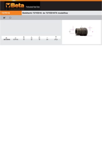 Beta 727PI/16 3/4"-os gépi betéttartó 16mm-es, a Beta 727/ES16 és 727/ES16TX bitekhez