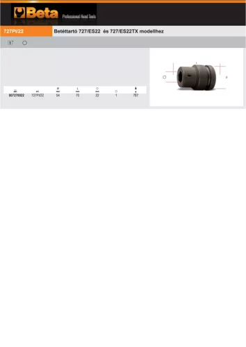 Beta 727PI/22 1"-os gépi betéttartó 22mm-es a Beta 727/ES22 és 727/ES22TX bitekhez