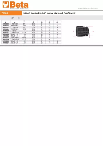 Beta 728AS Tizenkétszögű gépi dugókulcs, 3/4"-os négyszögletes csatlakozó, standard sorozat, foszfátozott 3/4"