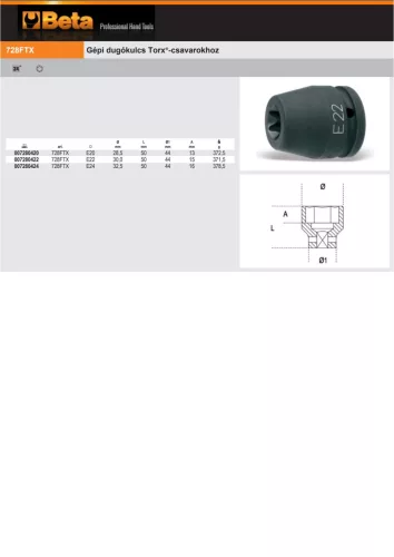 Beta 728FTX 20 Gépi Dugókulcs Torx®-csavarokhoz E20
