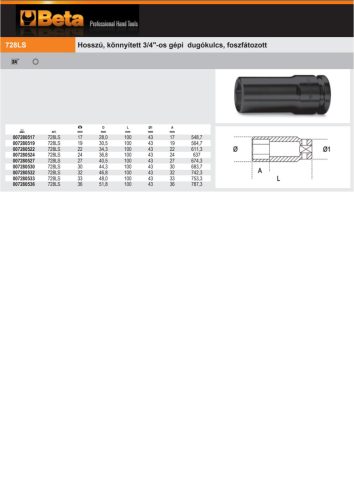 Beta 728LS Hosszú, könnyített 3/4"-os gépi Dugókulcs, foszfátozott 19mm