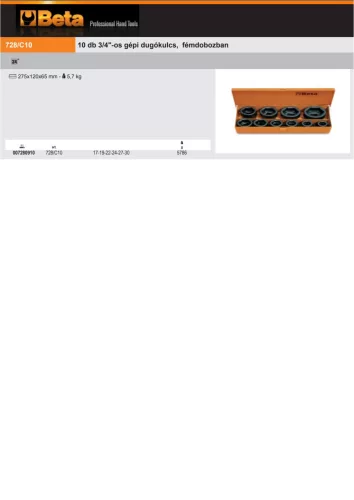 Beta 728/C10 10 részes 3/4"-os gépi dugókulcs, fémdobozban 17-19-22-24-27-30-32-36-41-46 mm