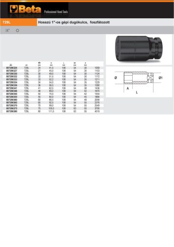 Beta 729L Hosszú 1"-os gépi Dugókulcs, foszfátozott 32mm