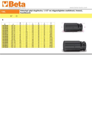 Beta 730L Hatszögű gépi dugókulcs, 1,1/2"-os négyszögletes csatlakozó, hosszú, foszfátozott 90mm