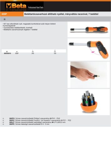 Beta 855P betéttartó csavarhúzó állítható nyéllel, irányváltós racsnival, 7 betéttel
