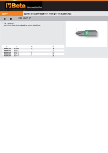 Beta 860PH 1 Színes csavarhúzóbetét Phillips®-csavarokhoz PH1