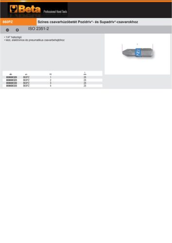 Beta 860PZ 1 Színes csavarhúzóbetét Pozidriv®- és Supadriv®-csavarokhoz PZ1