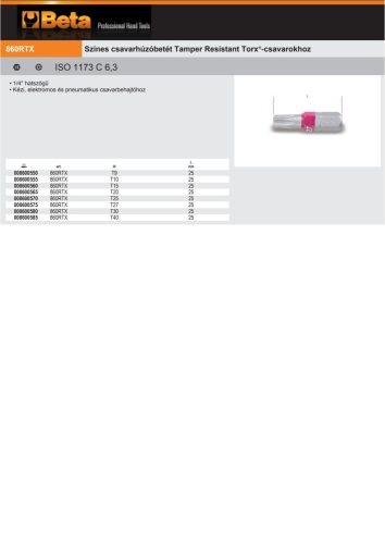 Beta 860RTx 9 Színes csavarhúzóbetét Tamper Resistant Torx®-csavarokhoz T9