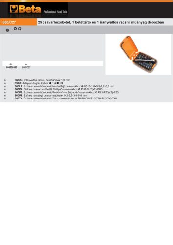 Beta 860/C27 25 részes csavarhúzóbetét, 1 betéttartó és 1 irányváltós racsni, műanyag dobozban