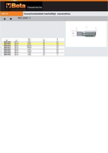 Beta 861LP 1,6x8 Csavarhúzóbetét hasítottfejű csavarokhoz 1,6x8mm