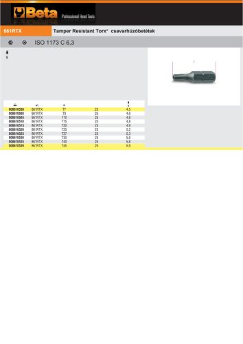 Beta 861RTx 15 Tamper Resistant Torx® csavarhúzóbetét T15