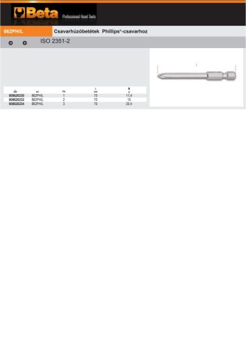 Beta 862PH-L 2 Csavarhúzóbetétek Phillips®-csavarhoz PH2