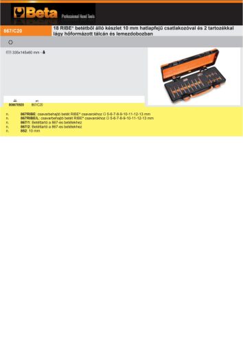 Beta 867/C20 18 részes RIBE® betétből álló készlet 10 mm-es  2db adapterrel lágy hőformázott tálcán és lemezdobozban