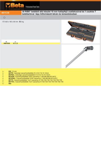 Beta 867/C38 38 részes RIBE® betétből álló készlet 10 mm-es, 1 csuklós T betéttartóval lágy hőformázott tálcán és lemezdobozban