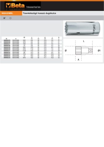 Beta 900AS-MBL Tizenkétszögű hosszú Dugókulcs 5/16"