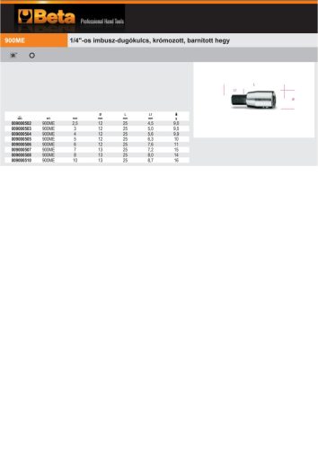 Beta 900ME 1/4"-os imbusz-Dugókulcs, krómozott, barnított hegy 2,5mm