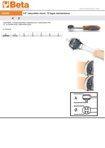 Beta 900/55Z 1/4” irányváltós racsni, 72 fogas mechanizmus