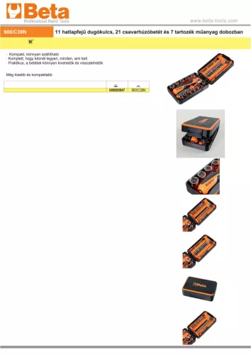 Beta 900/C39N 39 részes készlet 11 hatlapfejű dugókulcs, 21 csavarhúzóbetét és 7 tartozék műanyag dobozban