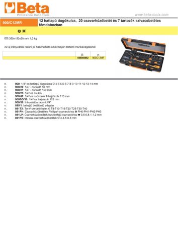Beta 900/C12MR 39 részes készlet 12 hatlapú dugókulcs, 20 csavarhúzóbetét és 7 tartozék szivacsbetétes fémdobozban
