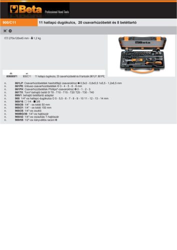 Beta 900/C11 39 részes készlet 11 hatlapú Dugókulcs, 20 csavarhúzóbetét és 8 betéttartó