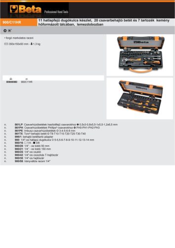 Beta 900/C11HR 38 részes készlet 11 hatlapfejű Dugókulcs készlet, 20 csavarbehajtó betét és 7 tartozék kemény hőformázott tálcában, lemezdobozban