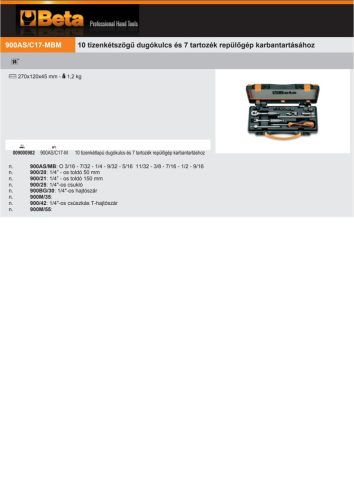 Beta 900AS/MB-C17 17 részes készlet 10 hatlapú Dugókulcs és 7 tartozék fémdobozban