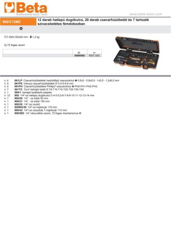 Beta 900/C12MZ  39 részes készlet 12 darab hatlapú dugókulcs, 20 darab csavarhúzóbetét és 7 tartozék szivacsbetétes fémdobozban