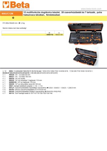 Beta 900U/C12M 39 részes készlet 12 multifunkciós dugókulcs készlet, 20 csavarhúzóbetét és 7 tartozék, puha habszivacs tálcában, fémdobozban