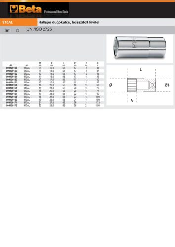 Beta 910AL 3/8" Hatlapú Dugókulcs, hosszított kivitel 8mm