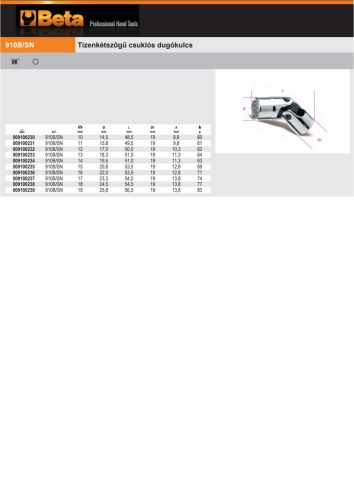 Beta 910B/SN 3/8" Tizenkétszögű csuklós Dugókulcs 10mm
