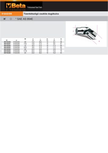 Beta 910AS-SN 3/8" Tizenkétszögű csuklós Dugókulcs 3/8"