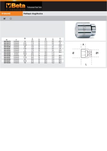 Beta 910A-AS 3/8" Hatlapú Dugókulcs 5/8"