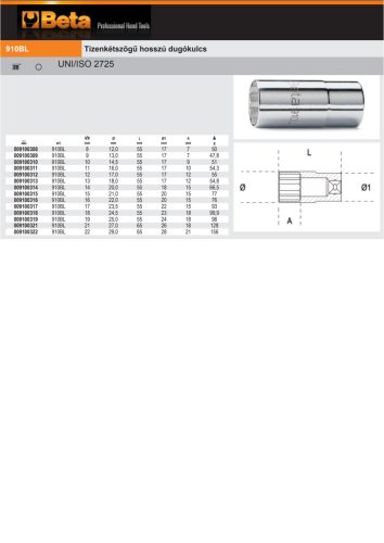 Beta 910BL 3/8" Tizenkétszögű hosszú Dugókulcs 9mm
