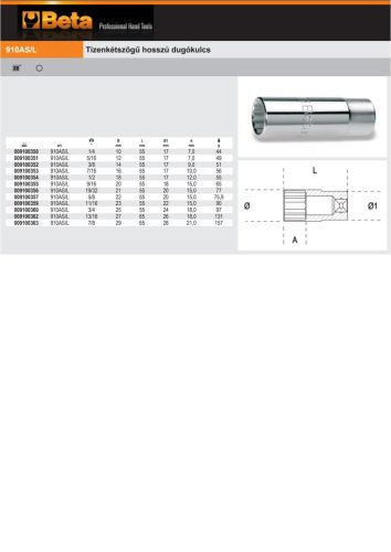 Beta 910AS-L 3/8" Tizenkétszögű hosszú Dugókulcs 1/4"