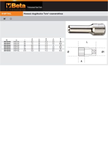 Beta 910FTX-L 3/8" Hosszú Dugókulcs Torx®-csavarokhoz E4