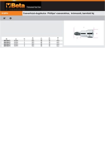 Beta 910PH 3/8" Csavarhúzó-Dugókulcs Phillips®-csavarokhoz, krómozott, barnított fej PH1