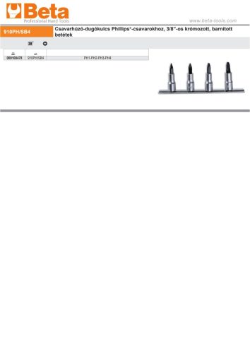 Beta 910PH/SB4 4 részes csavarhúzó-dugókulcs Phillips®-csavarokhoz, 3/8”-os krómozott, barnított betétek