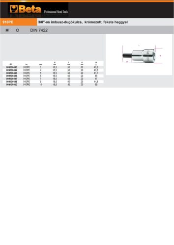 Beta 910PE 3/8"-os imbusz-Dugókulcs, krómozott, fekete heggyel 3mm