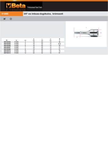 Beta 910ME 3/8”-os imbusz-Dugókulcs, krómozott 10mm