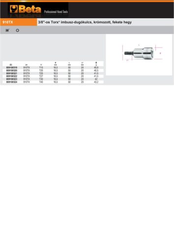 Beta 910TX 3/8"-os Torx® imbusz-Dugókulcs, krómozott, fekete hegy  T15