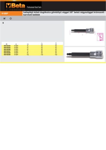 Beta 910BP 3/8" Hatlapfejű külső Dugókulcs gömbölyű véggel  - barnított betét 4mm