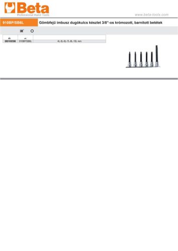 Beta 910BP/SB6L 6 részes 3/8”-os gömbfejű imbusz dugókulcs készlet krómozott, barnított betétek