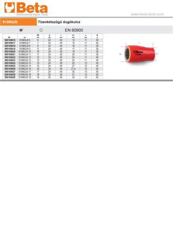 Beta 910MQ-B 3/8" Tizenkétszőgű dugókulcs, szigetelt 6mm