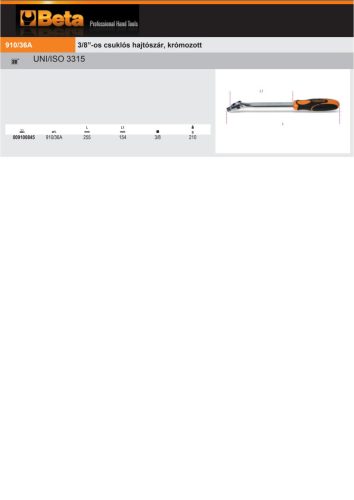 Beta 910/36A 3/8”-os csuklós hajtószár, krómozott 255mm
