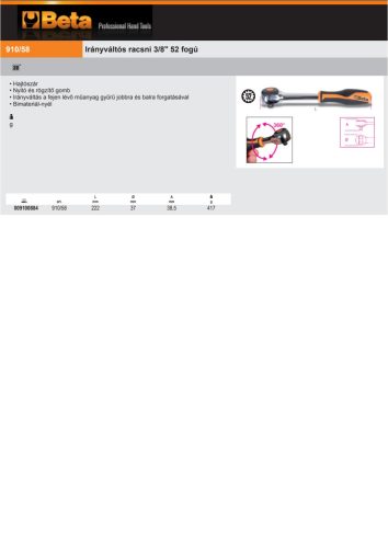 Beta 910/58 Irányváltós racsni 3/8" 52 fogú
