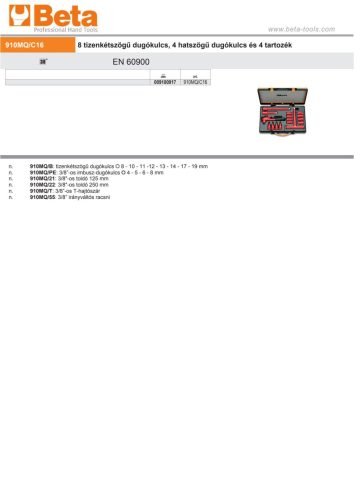 Beta 910MQ/C16 16 részes készlet 8 tizenkétszögű dugókulcs, 4 hatszögű dugókulcs és 4 tartozék szigetelt 1000V