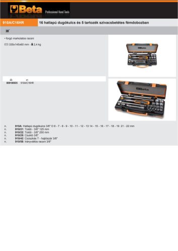 Beta 910A/C16HR 21 részes készlet 16 hatlapú dugókulcs és 5 tartozék szivacsbetétes fémdobozban
