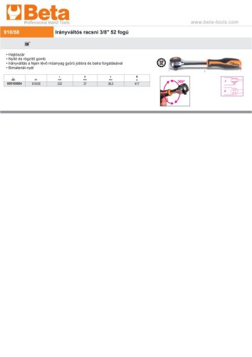 Beta 910/58 Irányváltós racsni 3/8" 52 fogú