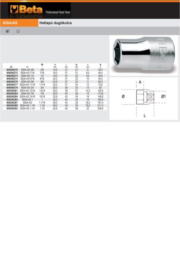 Beta 920A-AS 1/2" Hatlapú Dugókulcs 1"
