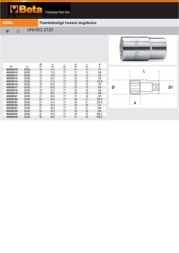Beta 920BL 1/2" Tizenkétszögű hosszú Dugókulcs 18mm